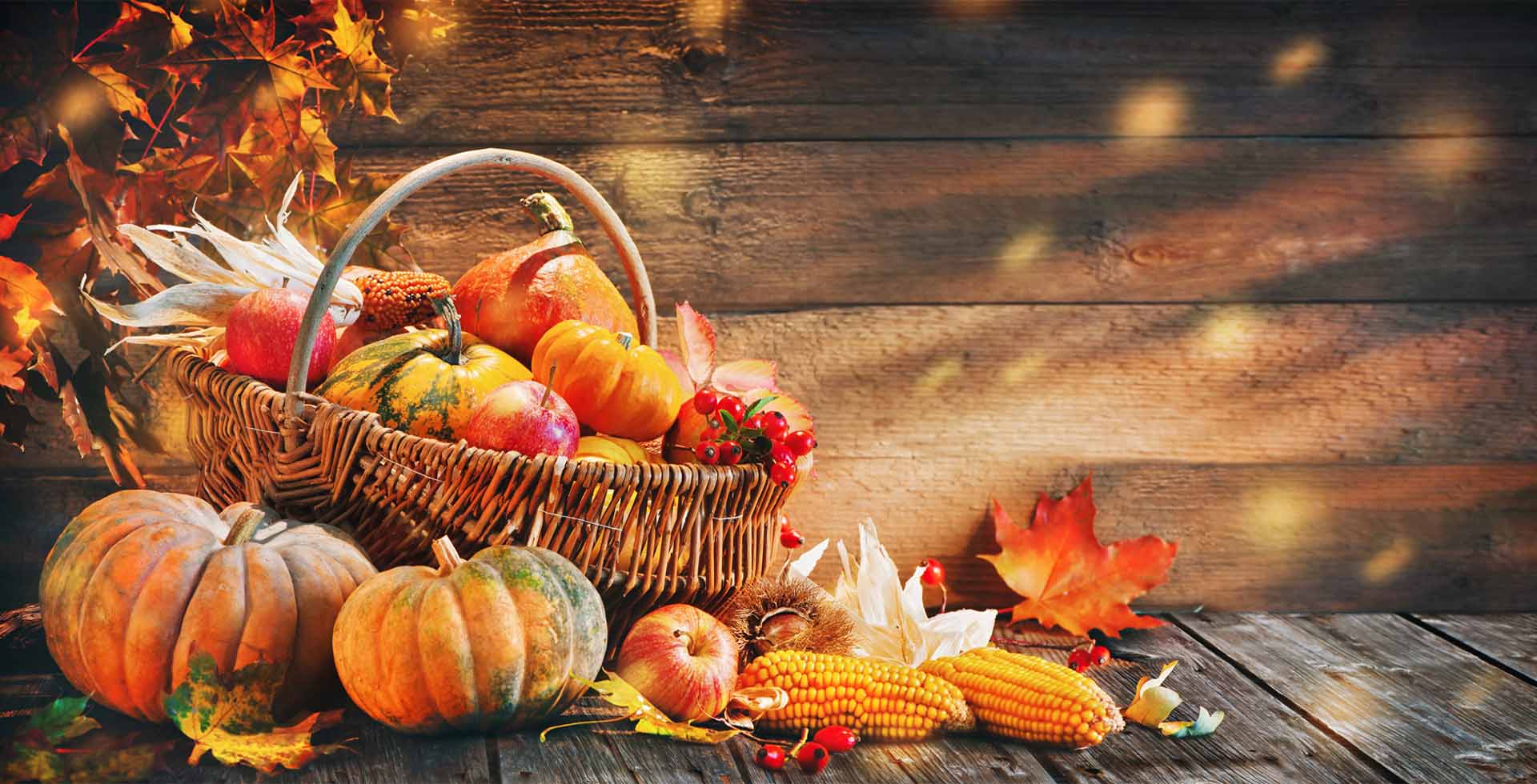 Herbstlicher Korb mit Kürbissen, Mais und Äpfeln zum Erntedank im THE GRAND Ahrenshoop.