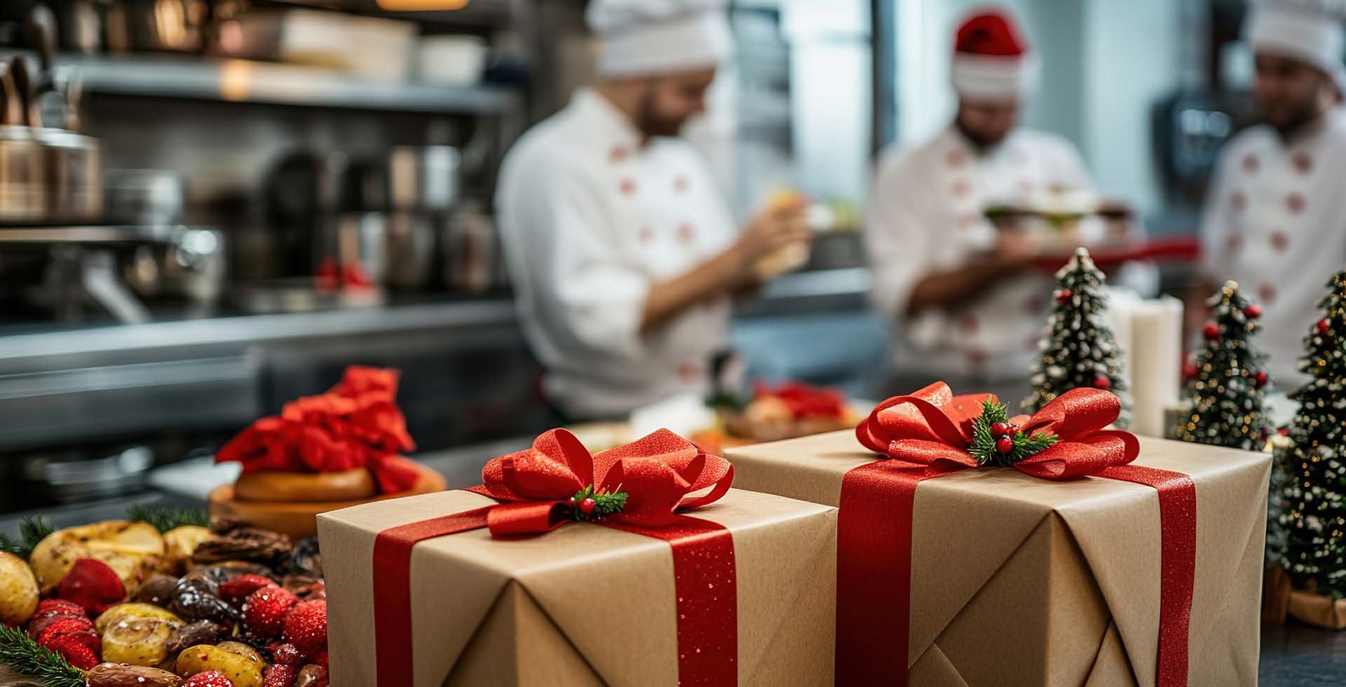 Weihnachtliche Kitchenparty im THE GRAND Ahrenshoop mit Geschenken und Köchen in der Küche.